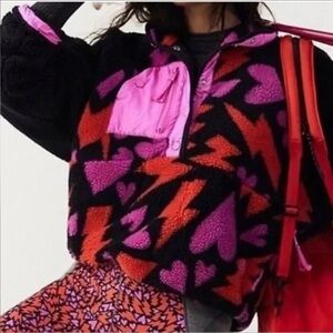 FP Movement by Free People Hit the Slopes Printed Hearts Black Pink Pullover XL
